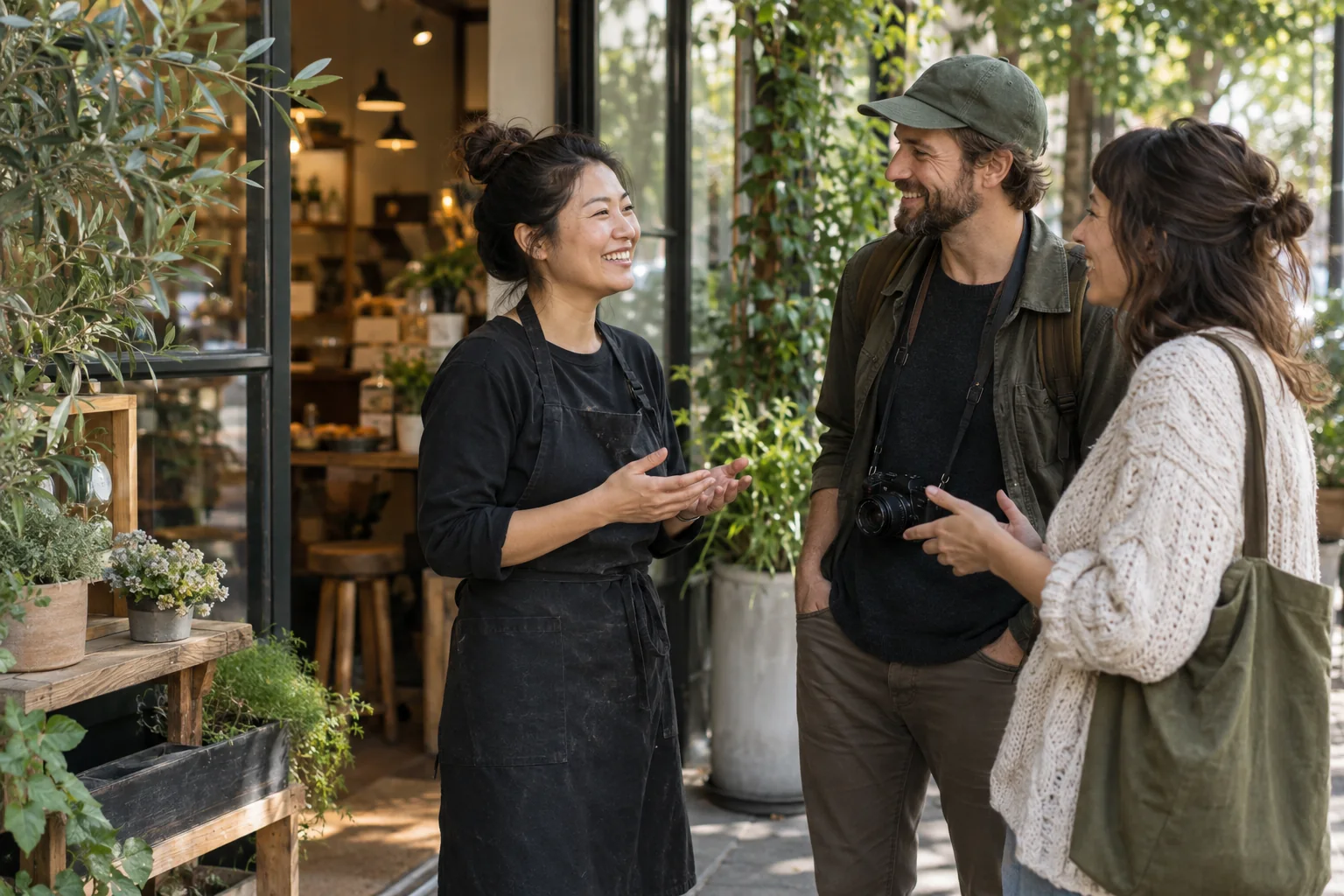 People discussing a local business outside a cafe