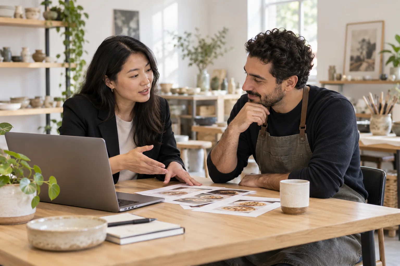 Two professionals reviewing business material together
