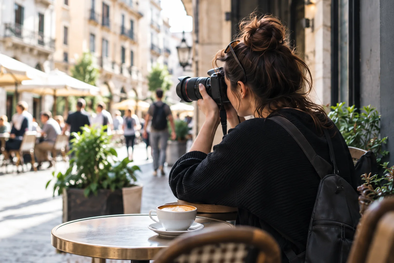 A photographer capturing a local street cafe